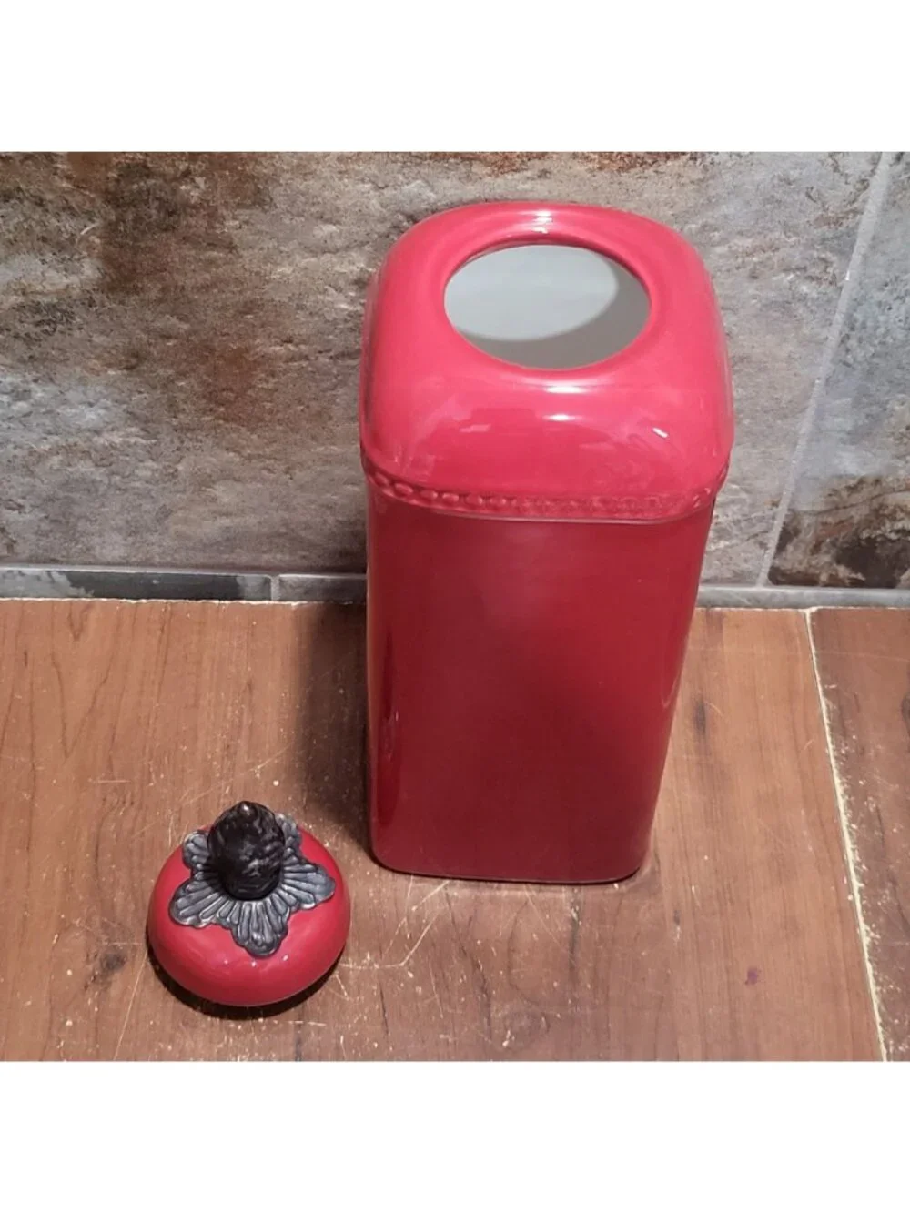 Red Ceramic Kitchen Canister Metal Lily Floral Finial 121/2 Inch Tall